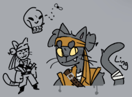 Ling Swiff'tail; black-furred Tabaxi rogue in orange garb