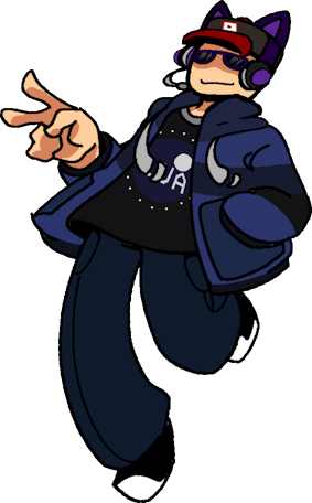 Art of Steven in his avatar's typical outfit; a dark blue striped hoodie jacket, Lua t-shirt, sunglasses, red-visored ballcap, and purple cat headphones